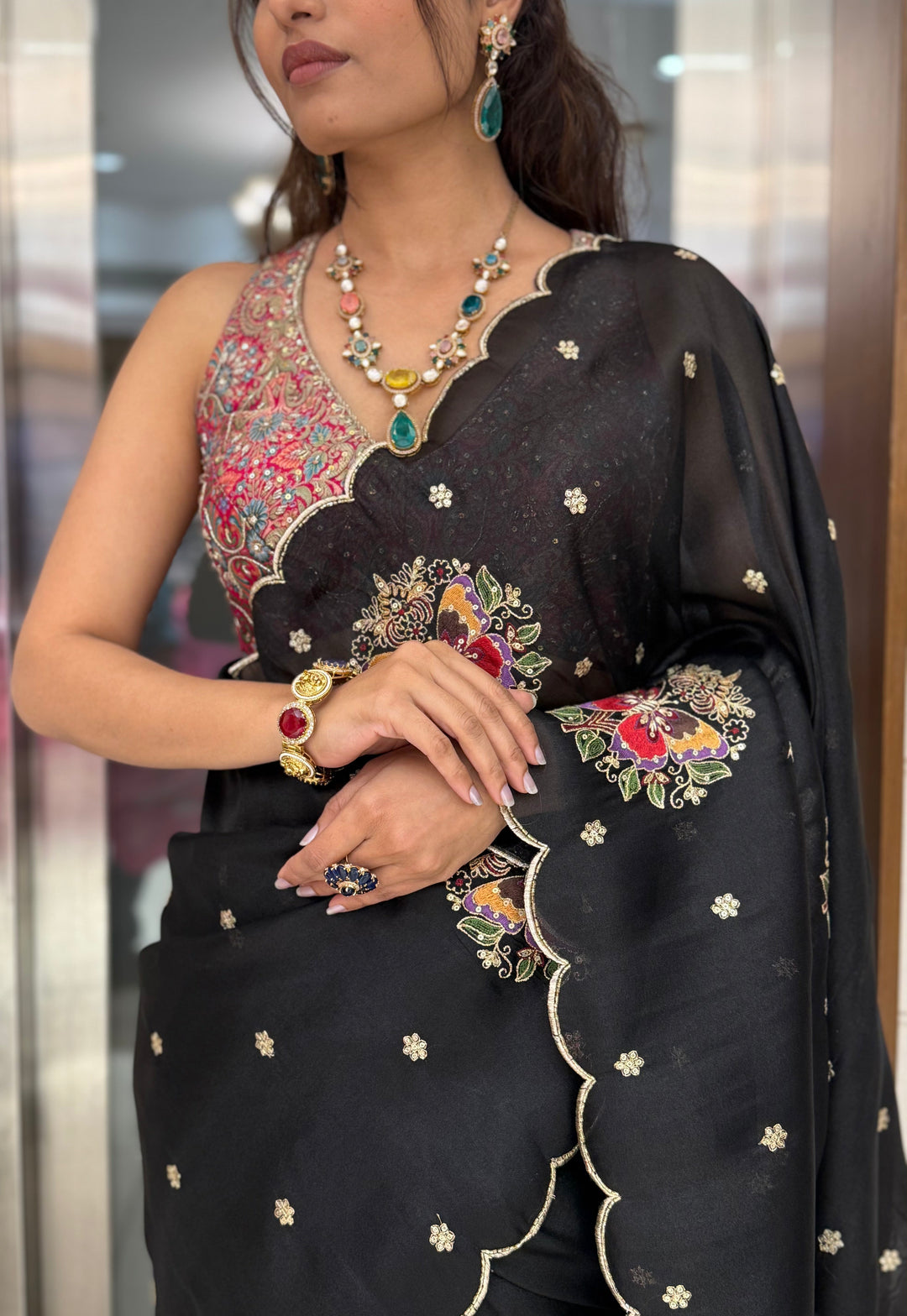 Black Organza Saree with 3D Floral Hand Embroidery & Scalloped Border
