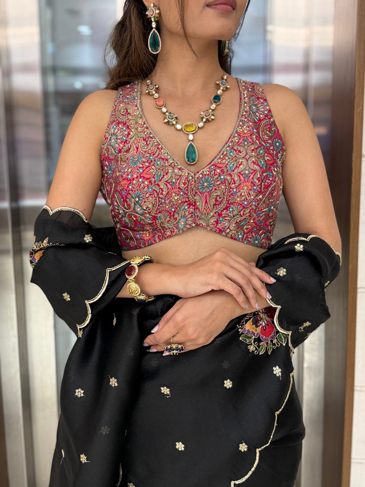 Black Organza Saree with 3D Floral Hand Embroidery & Scalloped Border