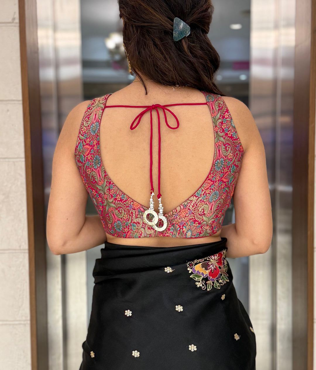 Black Organza Saree with 3D Floral Hand Embroidery & Scalloped Border