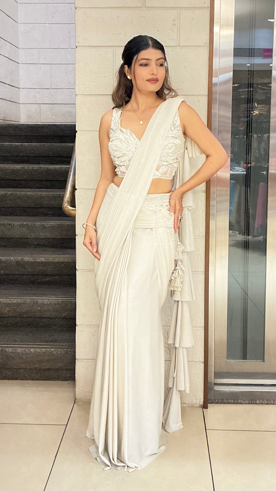 Elegant Pearl White Ready-to-Wear Saree with Embroidered Designer Blouse