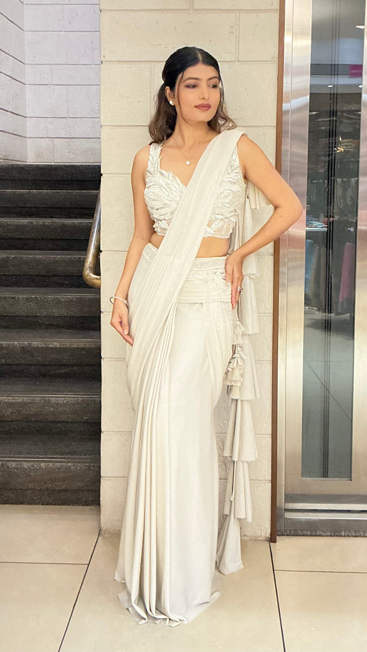 Elegant Pearl White Ready-to-Wear Saree with Embroidered Designer Blouse