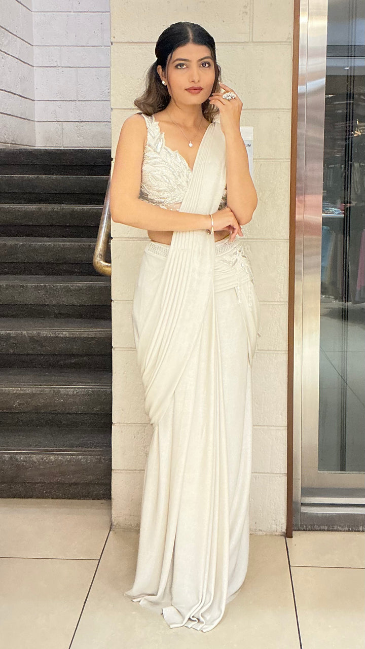 Elegant Pearl White Ready-to-Wear Saree with Embroidered Designer Blouse