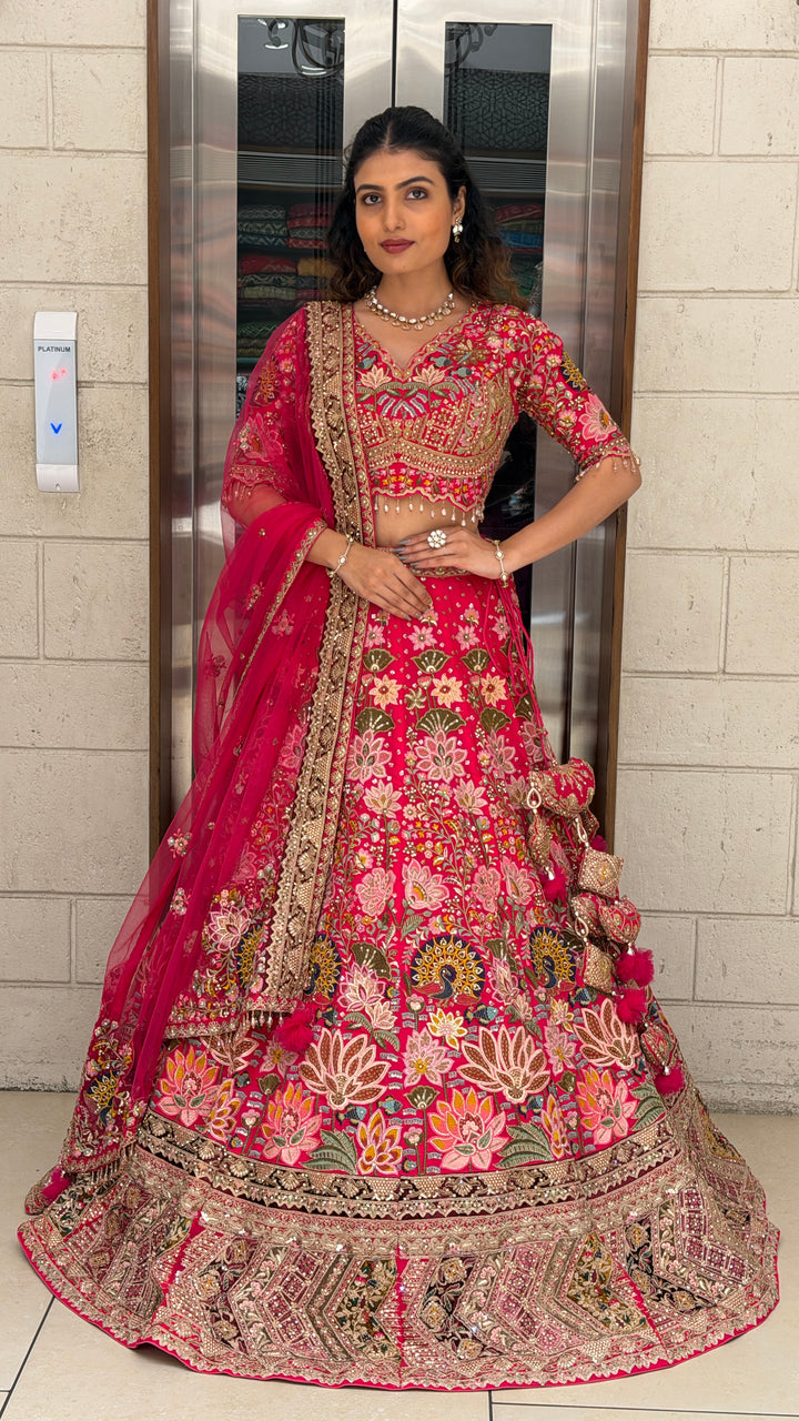 Rani Pink Heritage Floral Bridal Lehenga Set