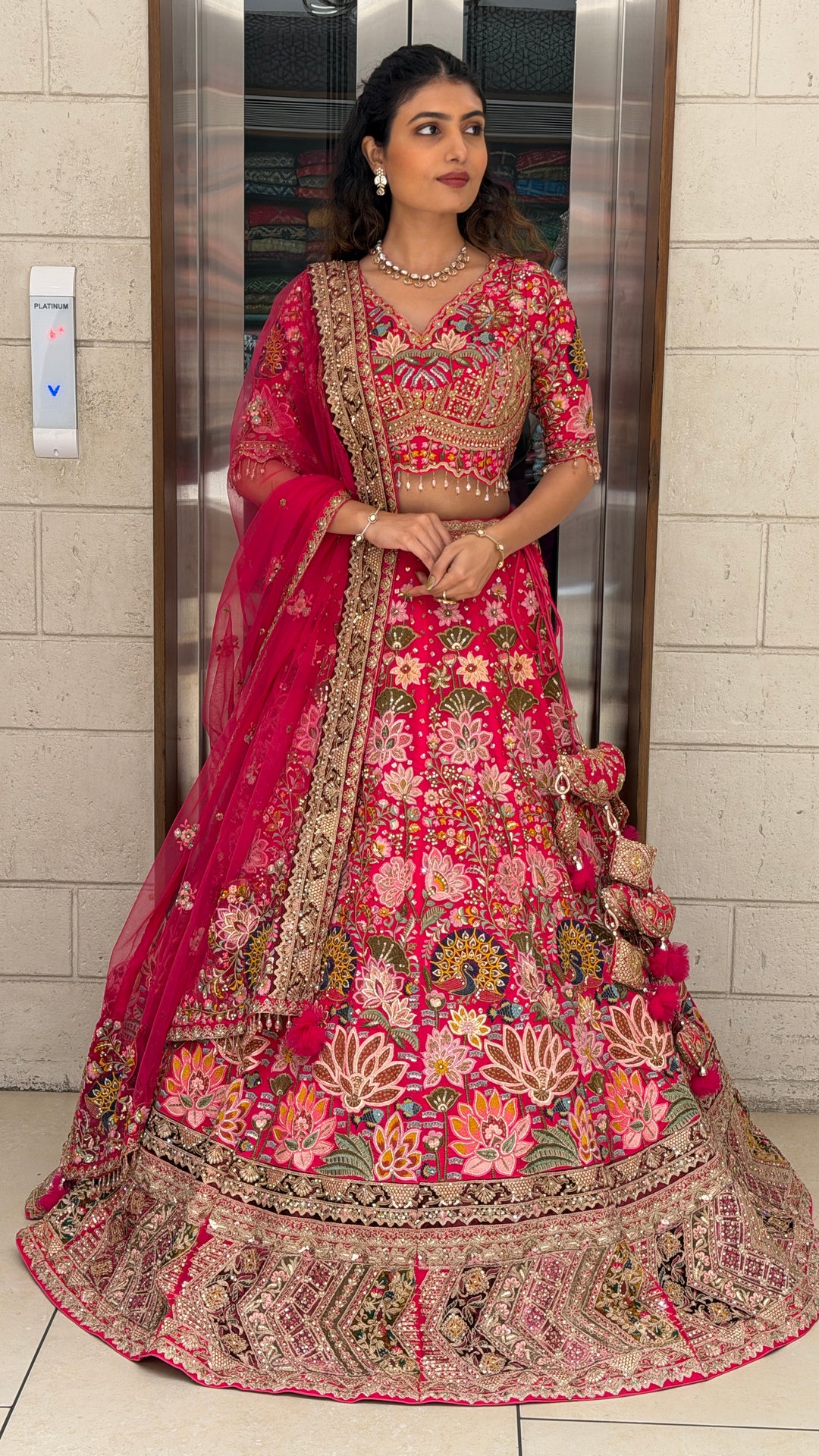 Rani Pink Heritage Floral Bridal Lehenga Set