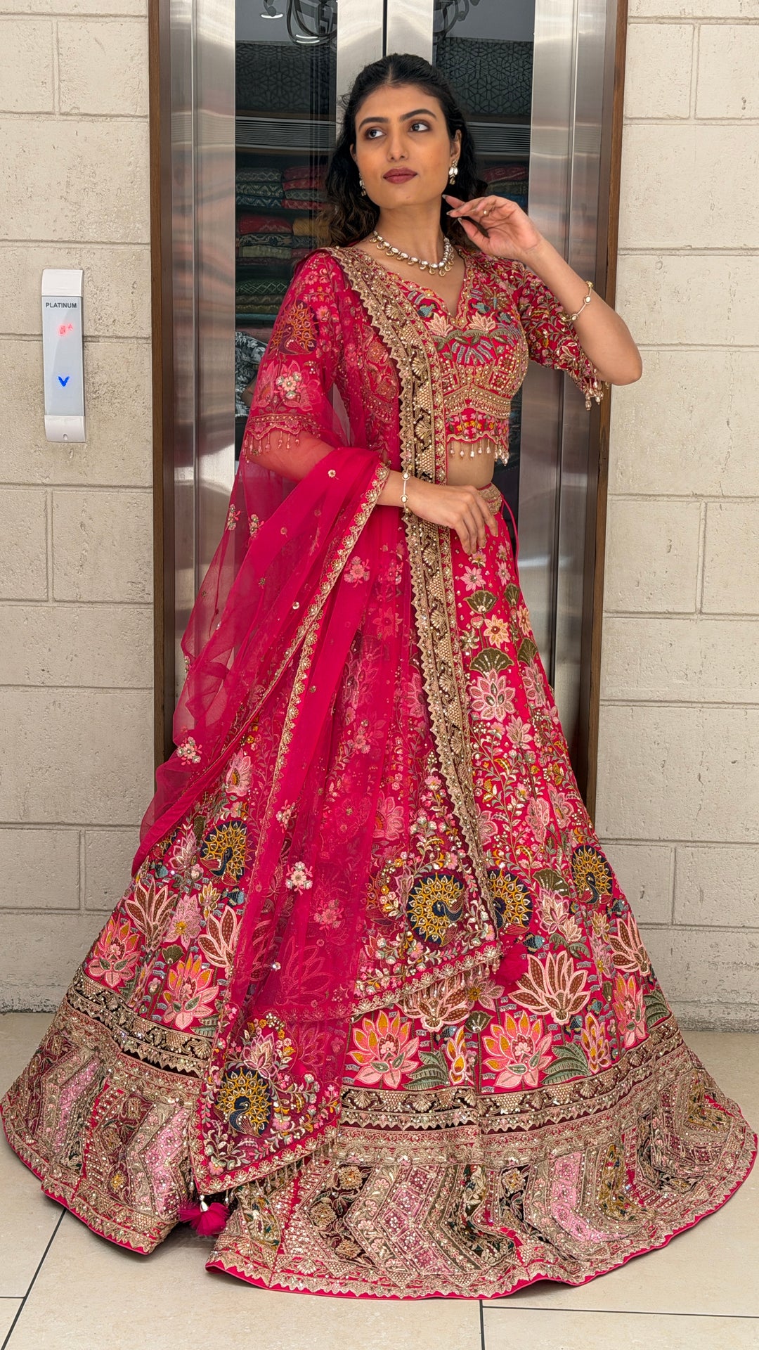 Rani Pink Heritage Floral Bridal Lehenga Set