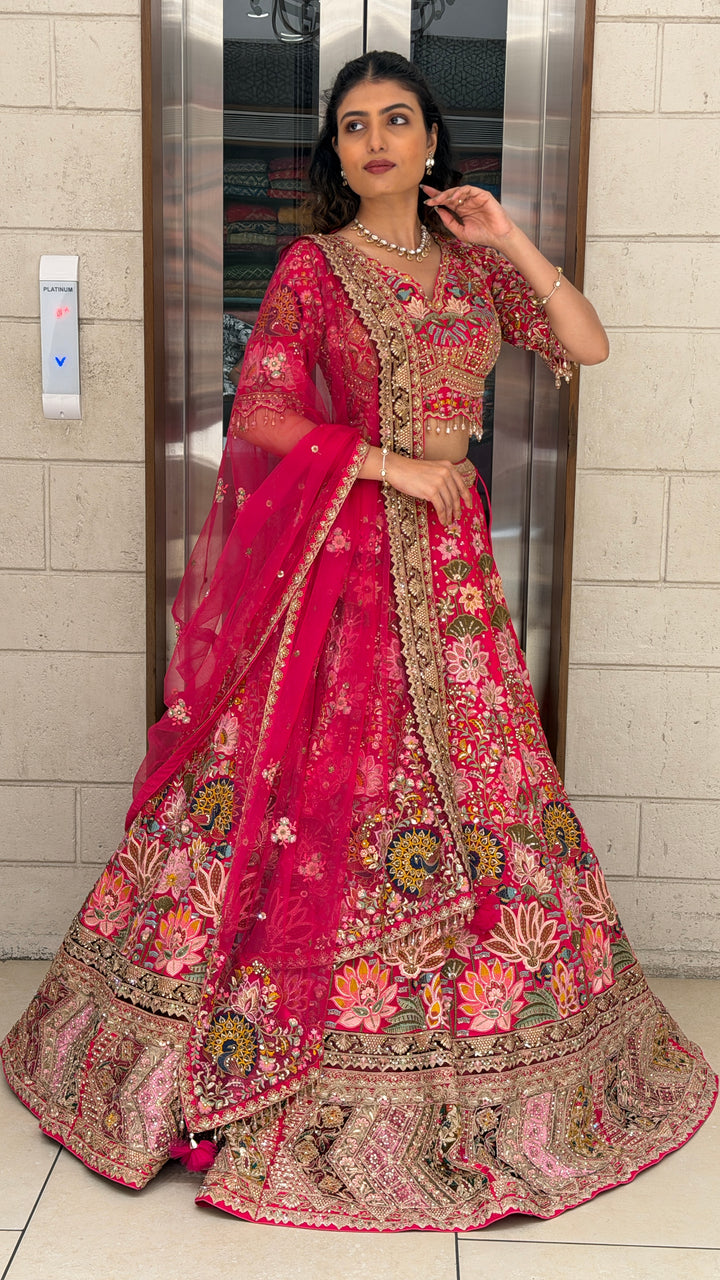Rani Pink Heritage Floral Bridal Lehenga Set