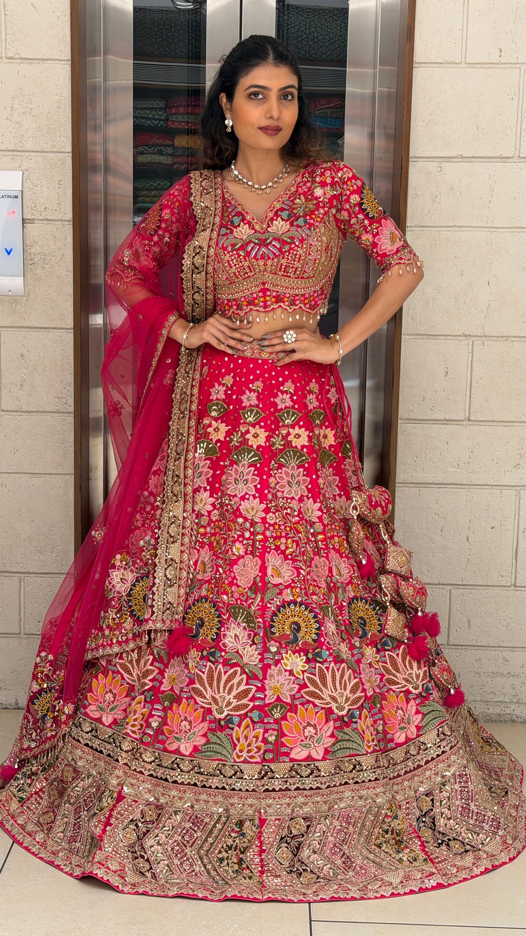 Rani Pink Heritage Floral Bridal Lehenga Set