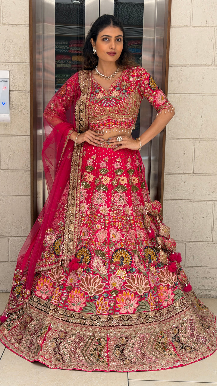 Rani Pink Heritage Floral Bridal Lehenga Set