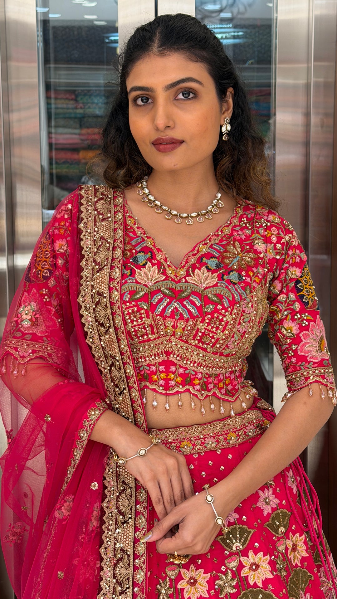 Rani Pink Heritage Floral Bridal Lehenga Set