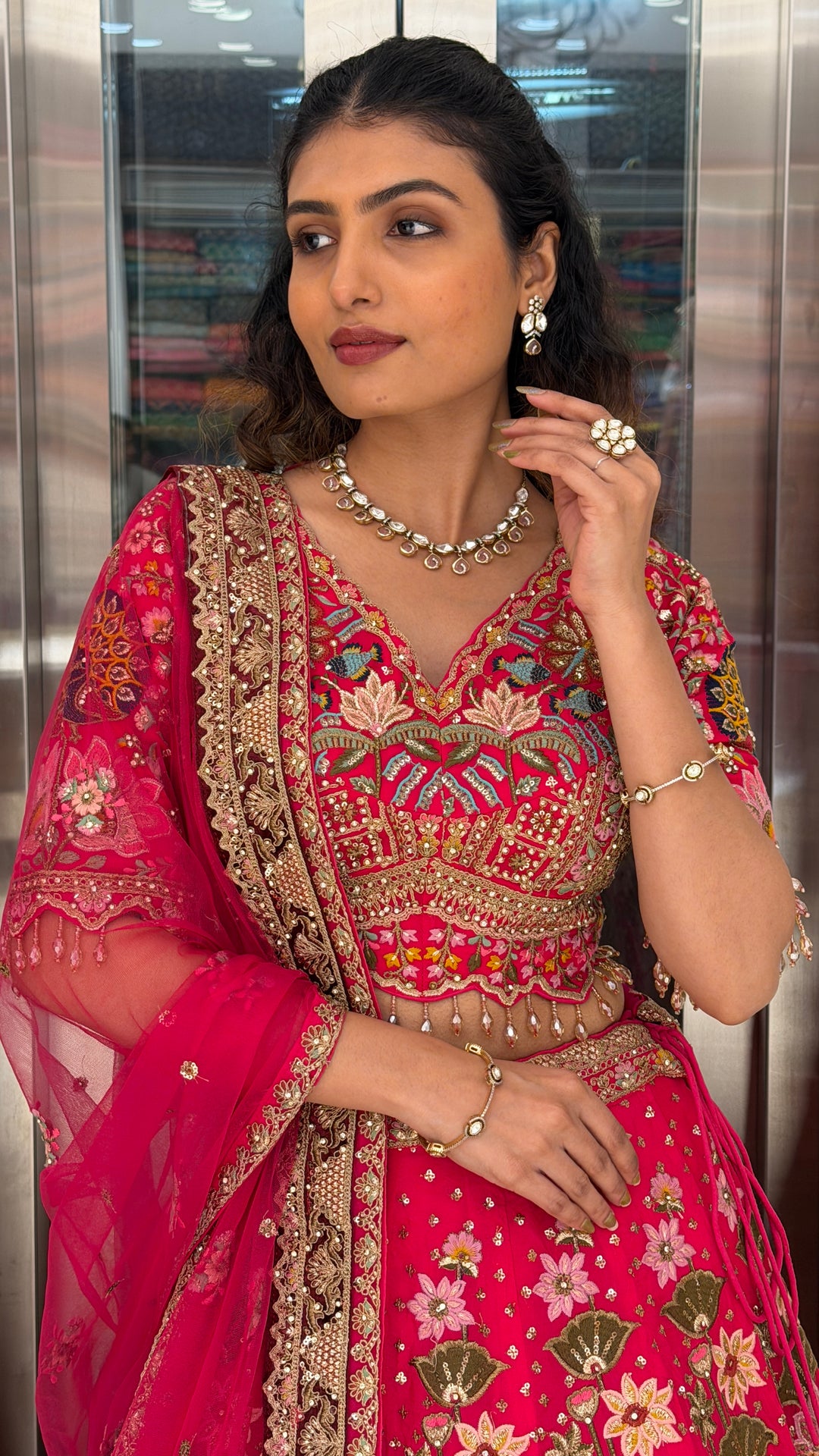 Rani Pink Heritage Floral Bridal Lehenga Set