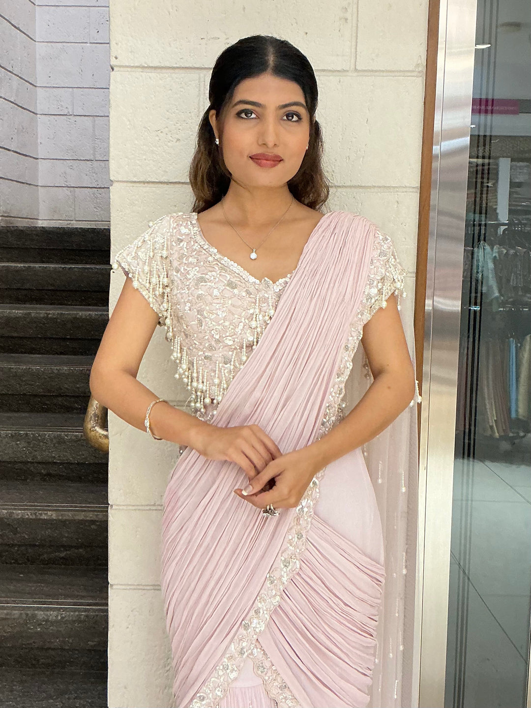 Designer Pearl Drape Ready-to-Wear Saree with Embellished Blouse – Blush Pink
