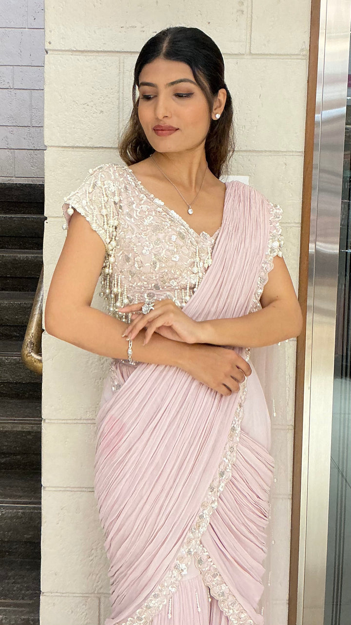 Designer Pearl Drape Ready-to-Wear Saree with Embellished Blouse – Blush Pink