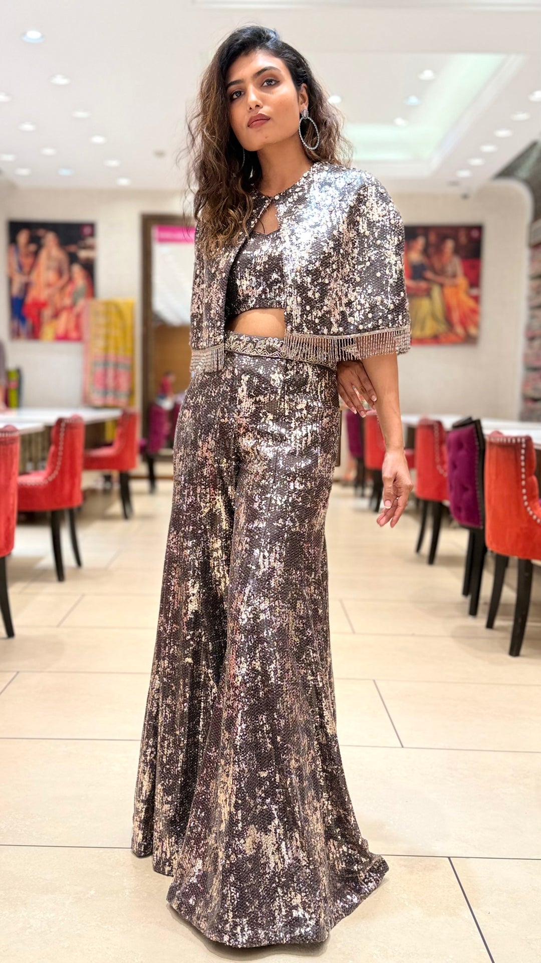 Metallic Sequin Indo-Western Palazzo Set with Cape Jacket