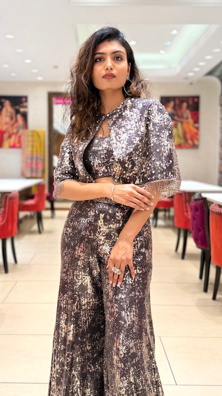 Metallic Sequin Indo-Western Palazzo Set with Cape Jacket