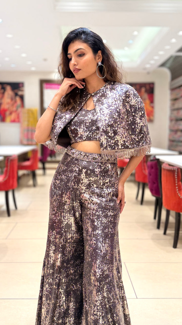 Metallic Sequin Indo-Western Palazzo Set with Cape Jacket