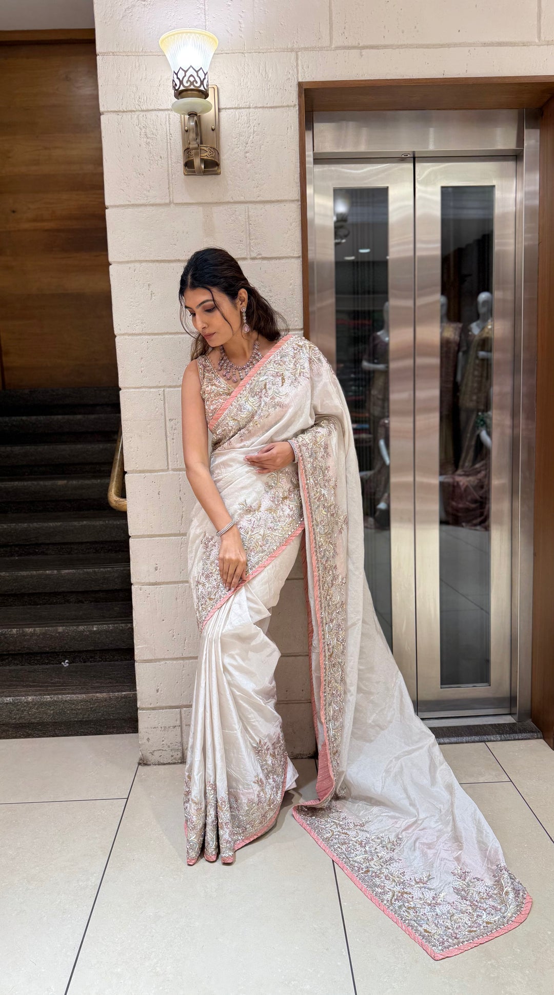 Ivory Hand-Embroidered Tissue Silk Saree with Pastel Thread & Sequin Work