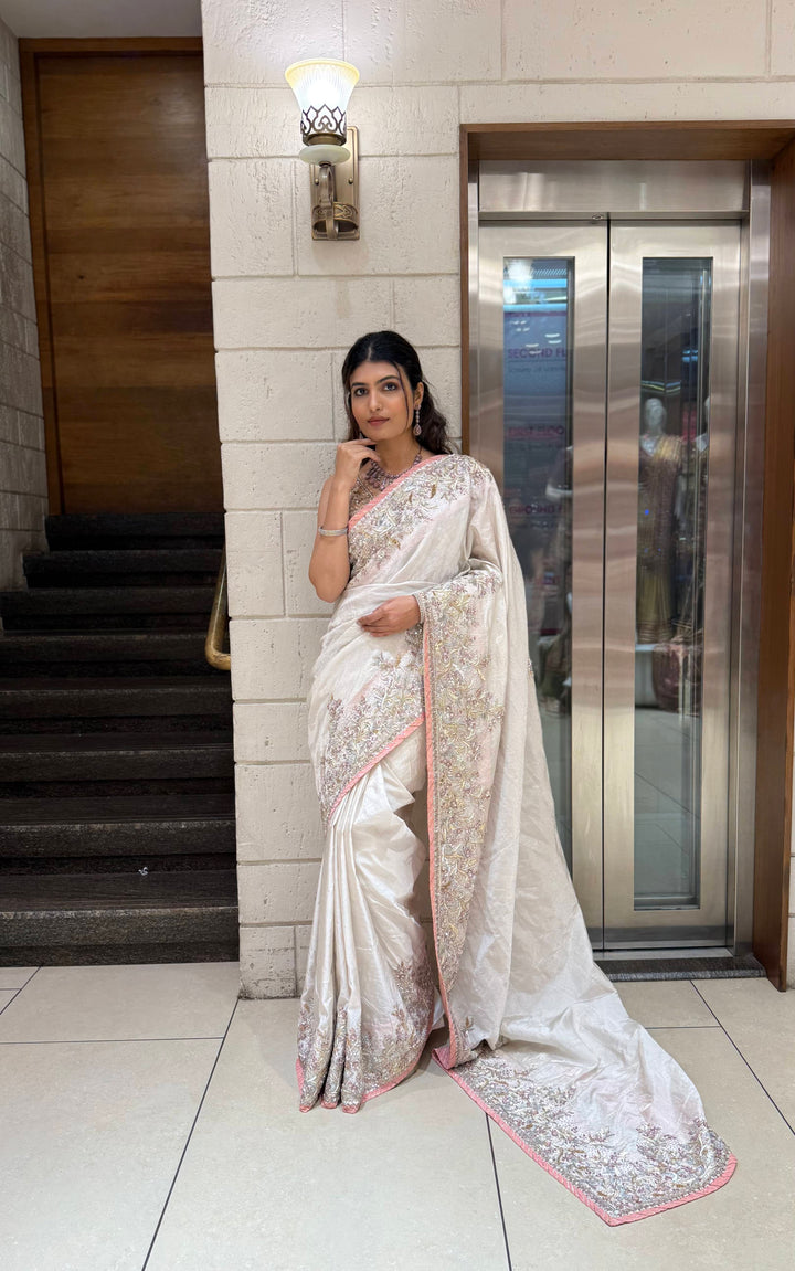 Ivory Hand-Embroidered Tissue Silk Saree with Pastel Thread & Sequin Work