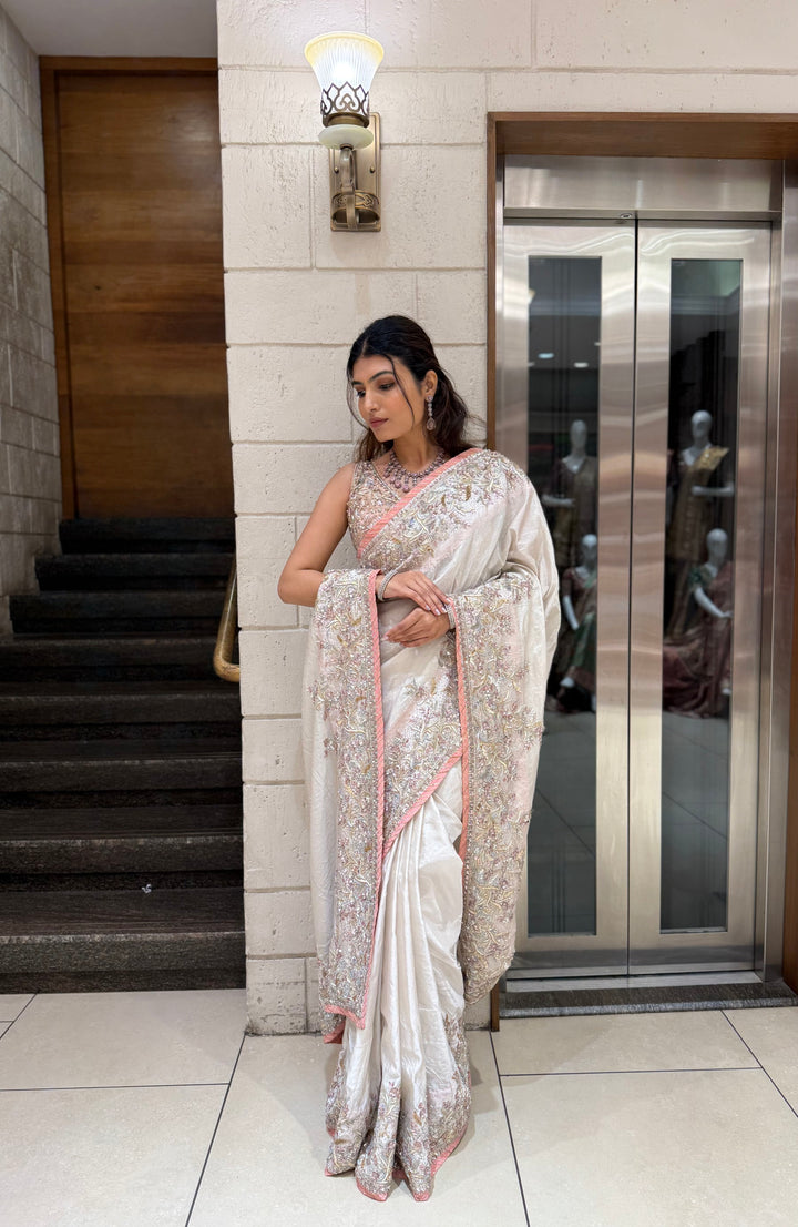 Ivory Hand-Embroidered Tissue Silk Saree with Pastel Thread & Sequin Work