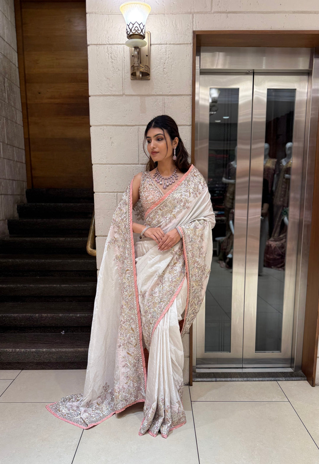 Ivory Hand-Embroidered Tissue Silk Saree with Pastel Thread & Sequin Work
