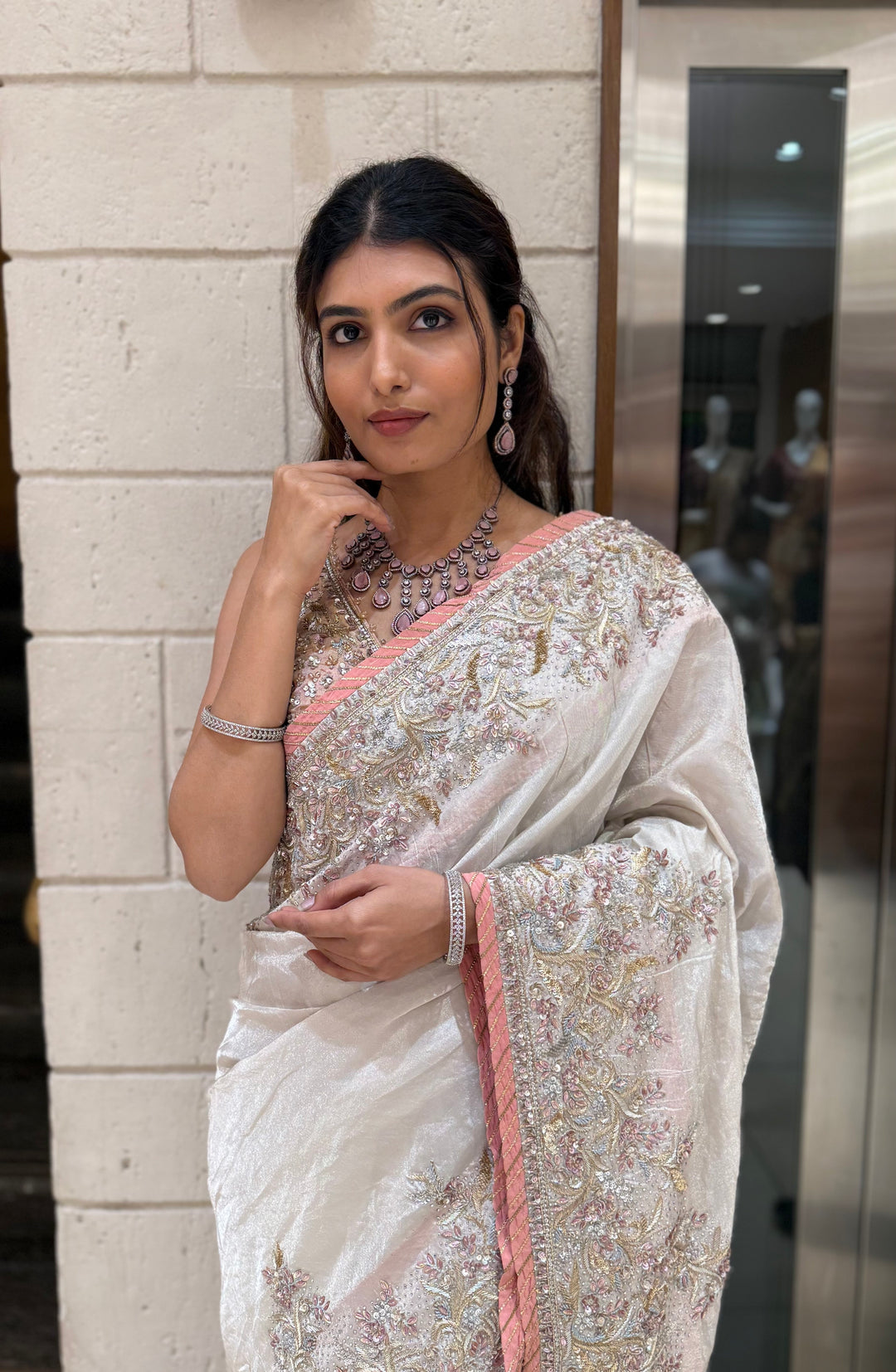 Ivory Hand-Embroidered Tissue Silk Saree with Pastel Thread & Sequin Work