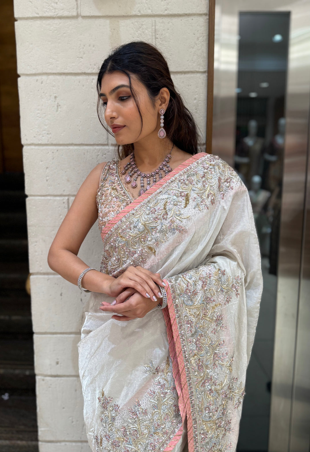 Ivory Hand-Embroidered Tissue Silk Saree with Pastel Thread & Sequin Work