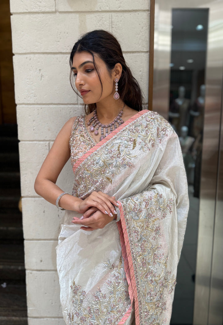 Ivory Hand-Embroidered Tissue Silk Saree with Pastel Thread & Sequin Work