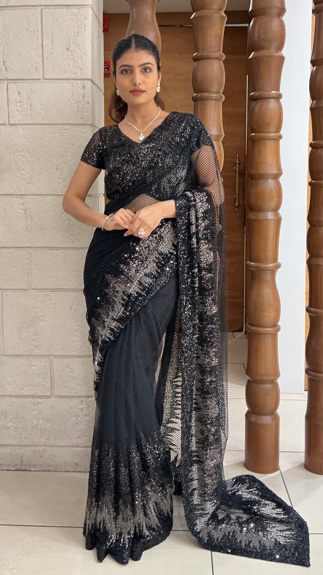 Midnight Black Designer Net Saree with All-Over Sequins Embroidery