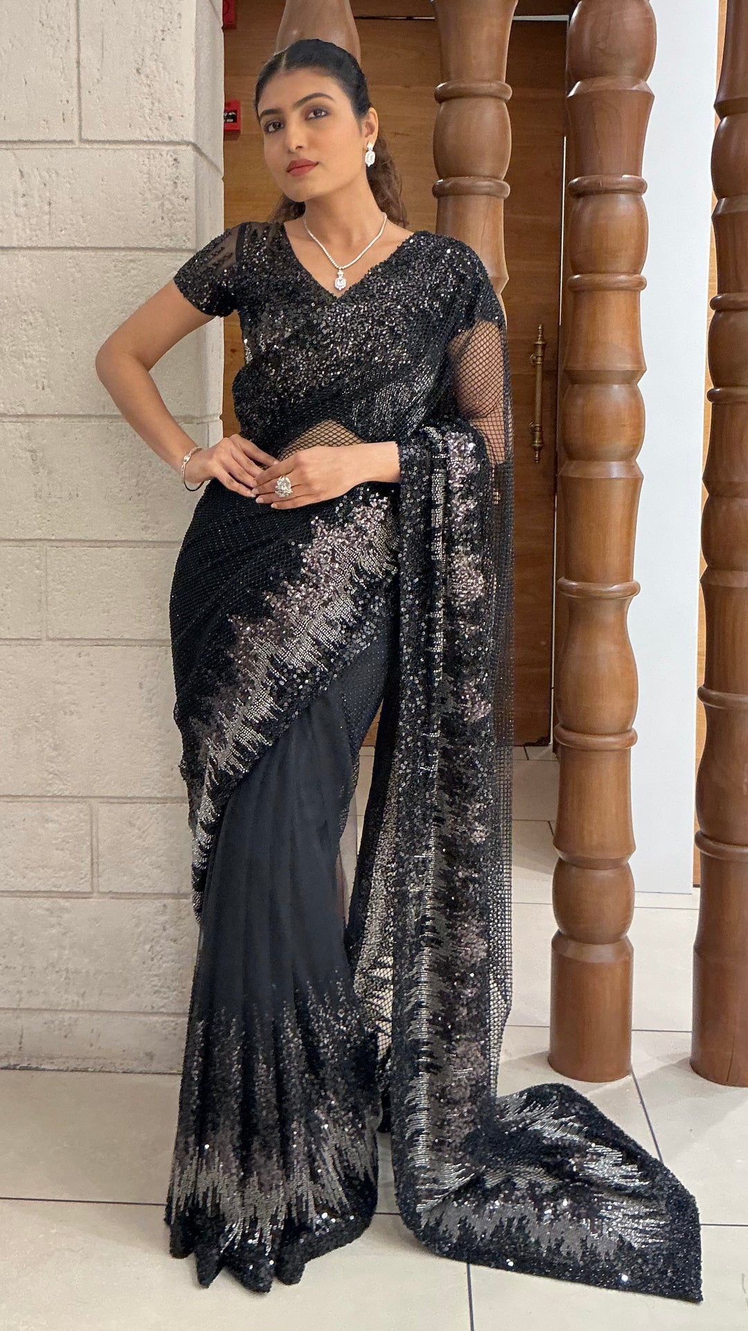 Midnight Black Designer Net Saree with All-Over Sequins Embroidery