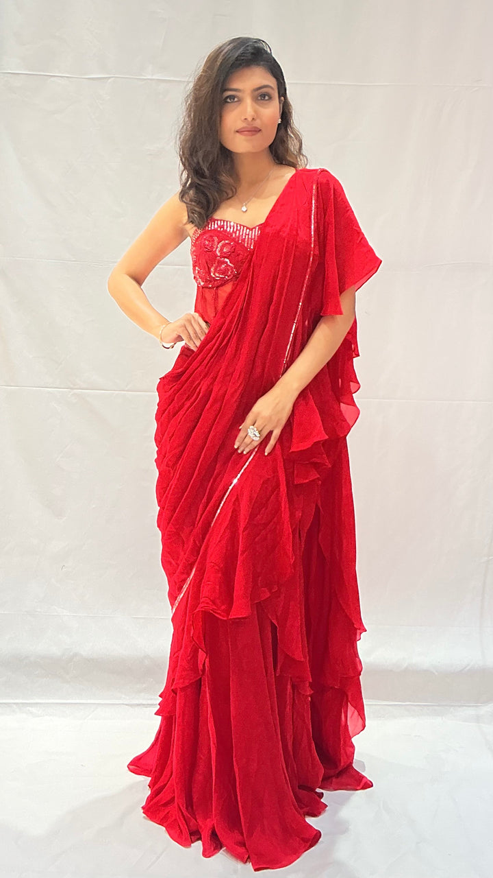 Designer Ruffle Ready-to-Wear Saree with Embellished Blouse