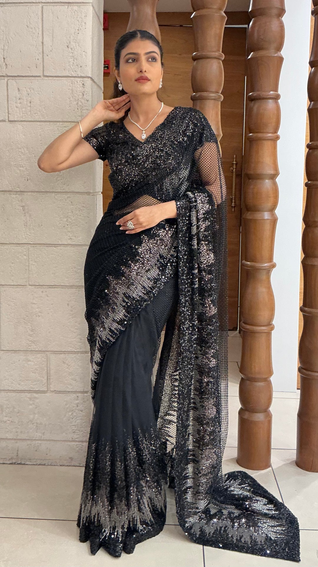 Midnight Black Designer Net Saree with All-Over Sequins Embroidery
