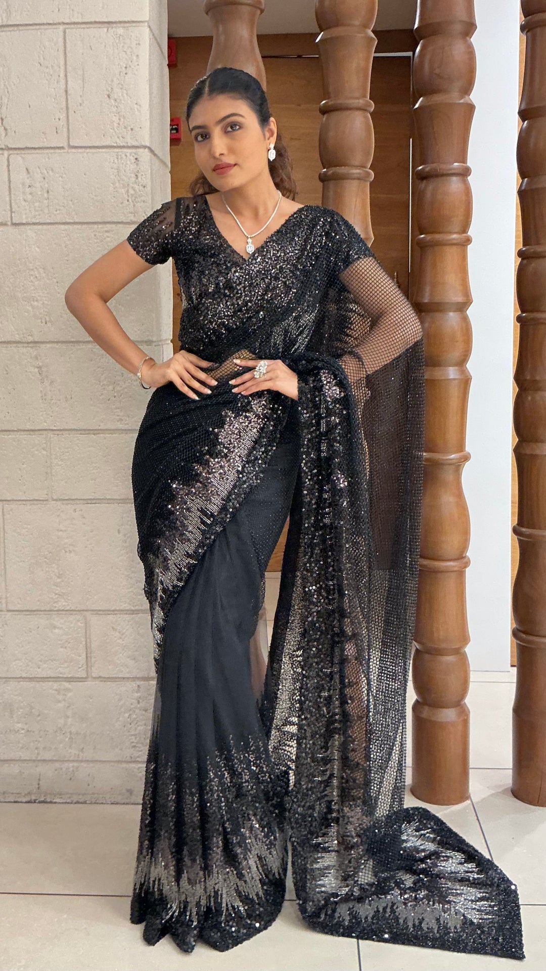 Midnight Black Designer Net Saree with All-Over Sequins Embroidery