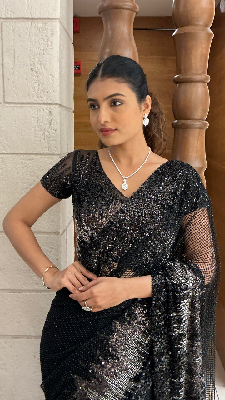 Midnight Black Designer Net Saree with All-Over Sequins Embroidery
