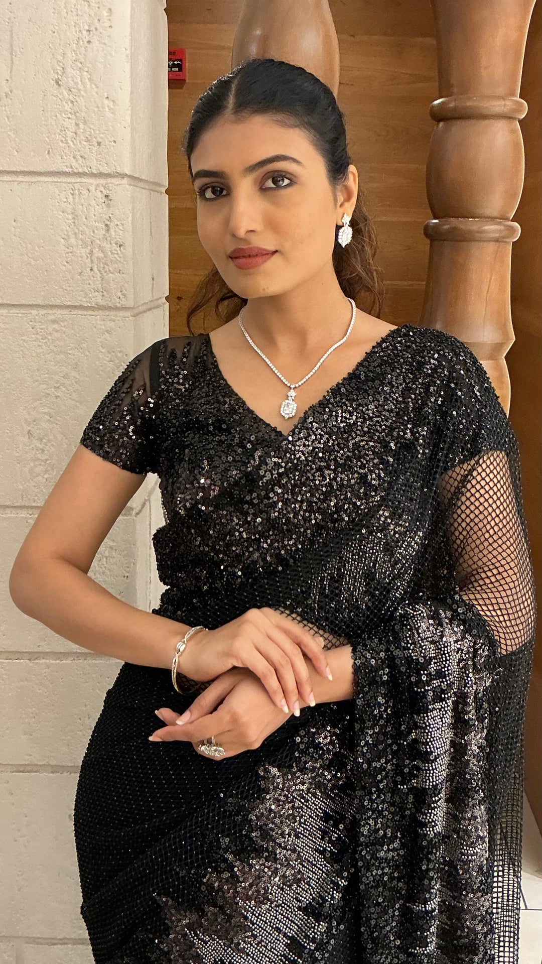 Midnight Black Designer Net Saree with All-Over Sequins Embroidery