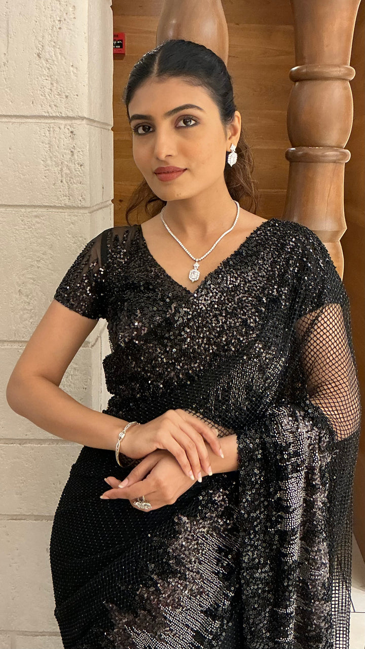Midnight Black Designer Net Saree with All-Over Sequins Embroidery