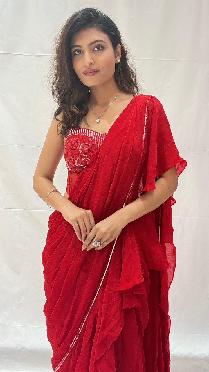 Designer Ruffle Ready-to-Wear Saree with Embellished Blouse