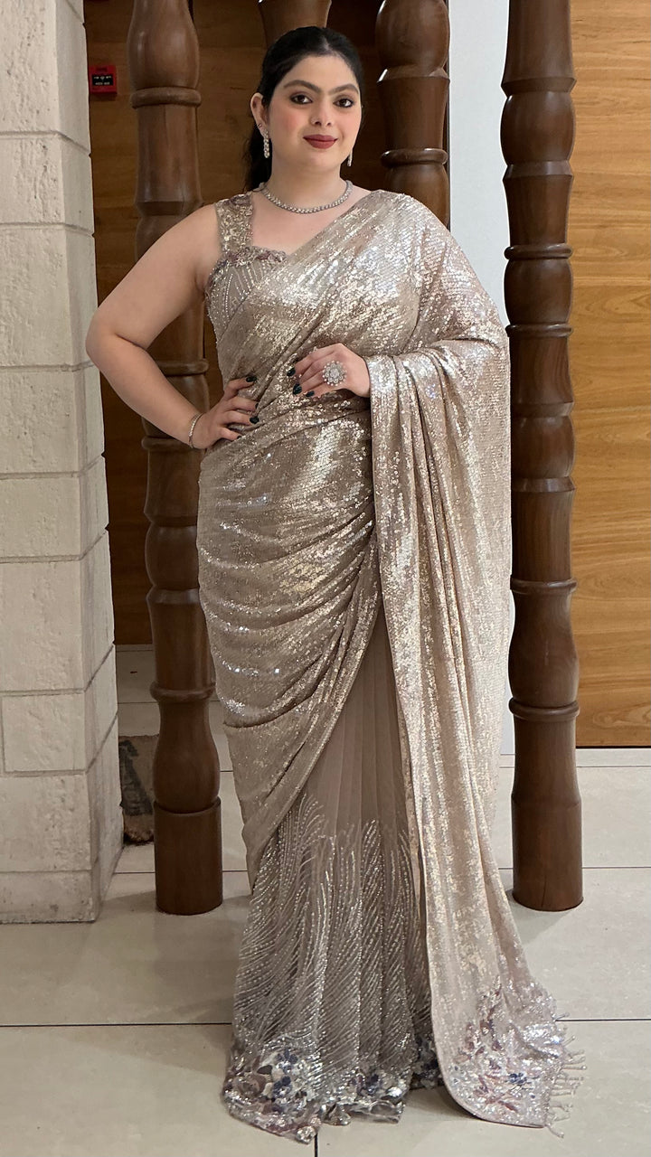 Champagne Beige Designer Sequins Saree with Embellished Mermaid Drape