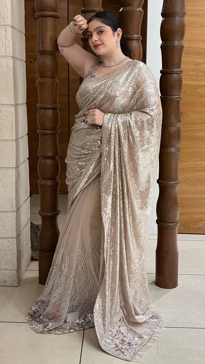 Champagne Beige Designer Sequins Saree with Embellished Mermaid Drape