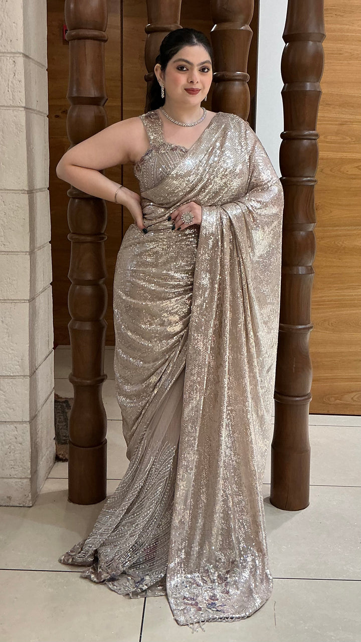 Champagne Beige Designer Sequins Saree with Embellished Mermaid Drape