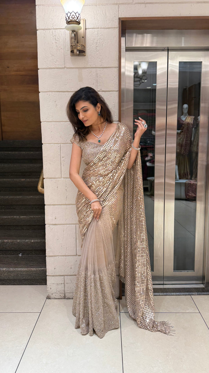 Champagne Gold Sequin & Mesh Designer Saree