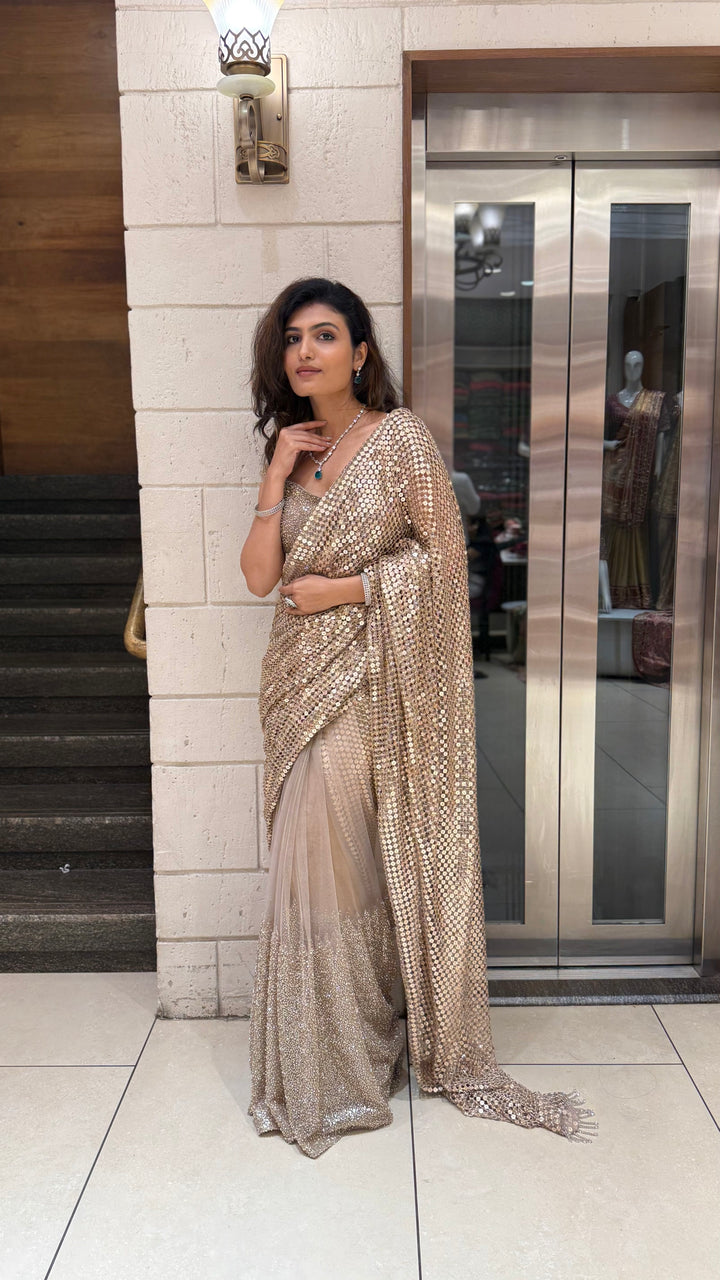 Champagne Gold Sequin & Mesh Designer Saree