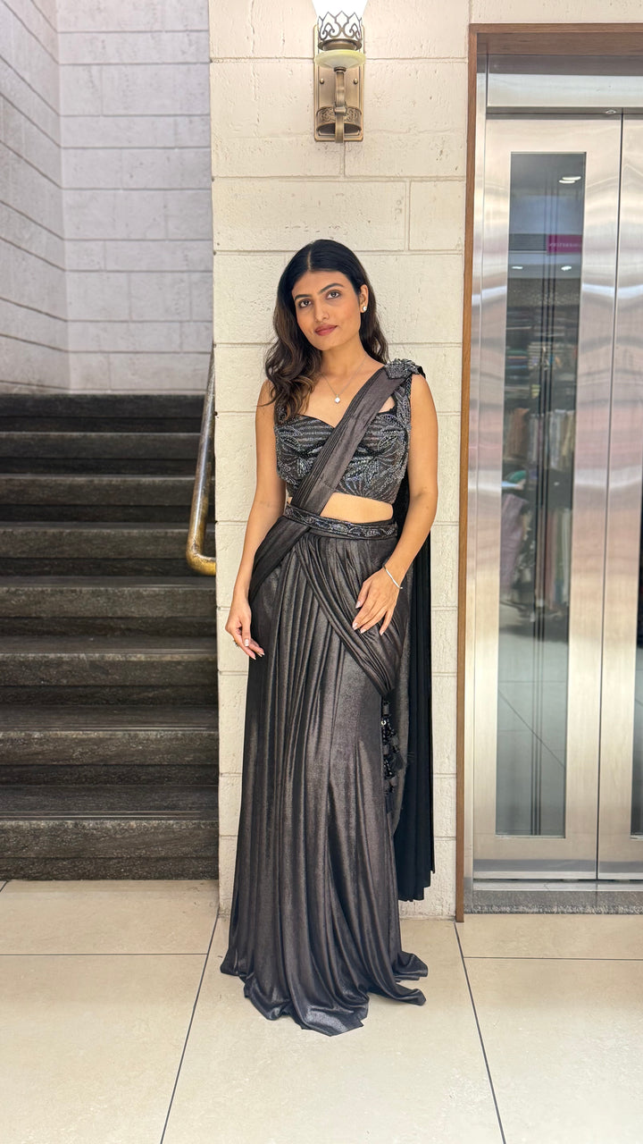 Metallic Charcoal Designer Ready-to-Wear Saree with Embellished Blouse