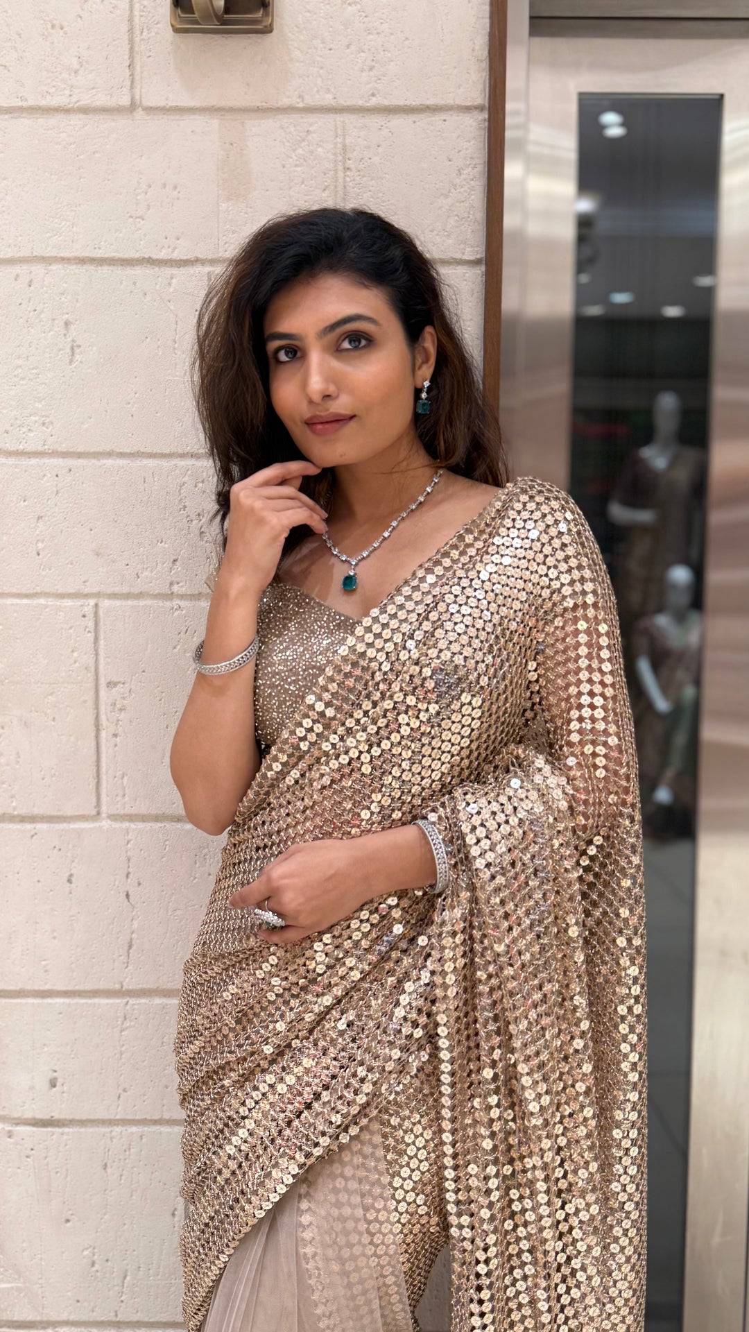 Champagne Gold Sequin & Mesh Designer Saree