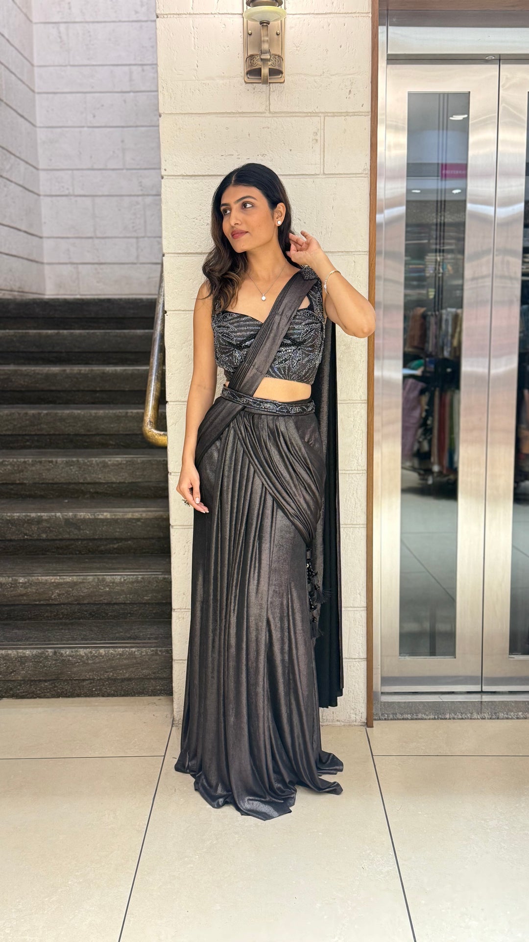 Metallic Charcoal Designer Ready-to-Wear Saree with Embellished Blouse