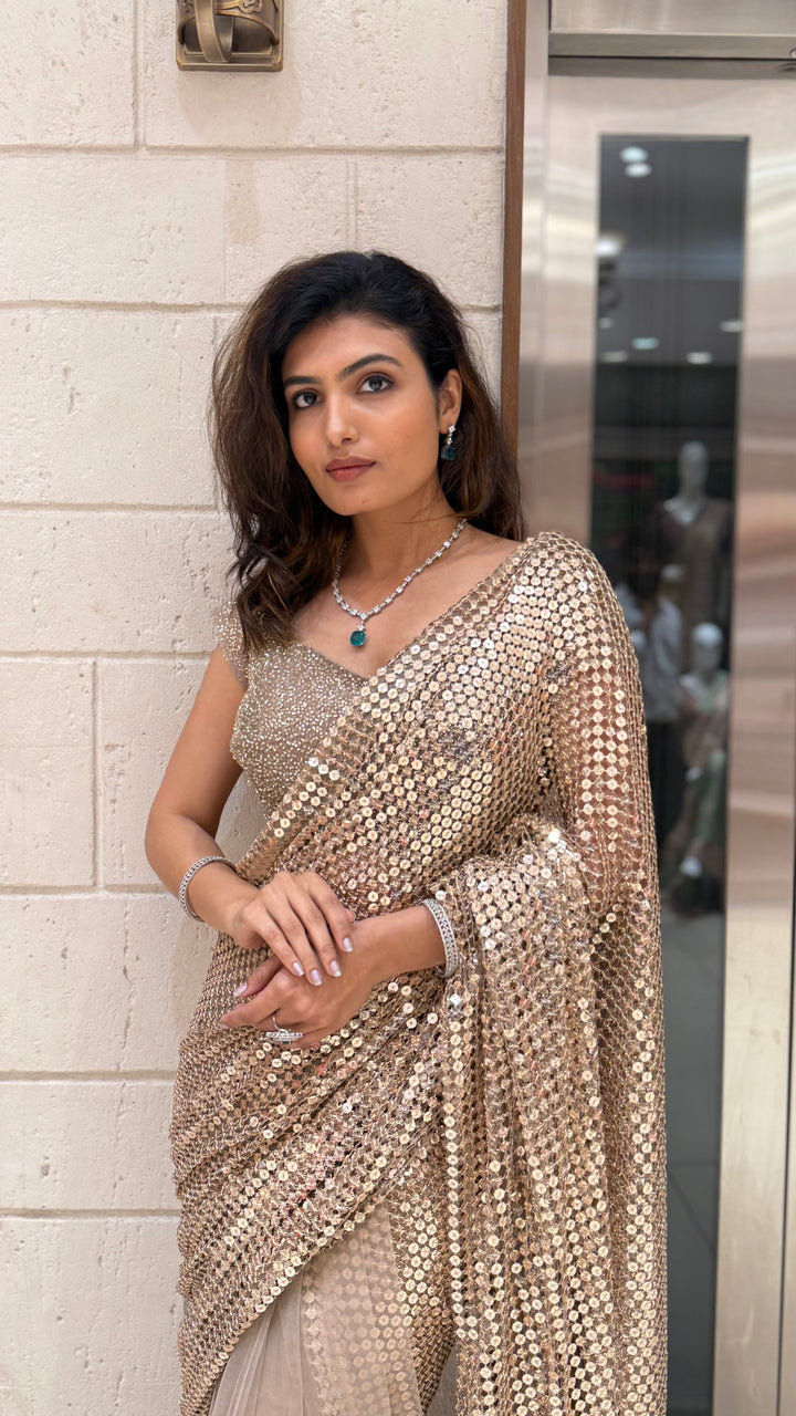 Champagne Gold Sequin & Mesh Designer Saree