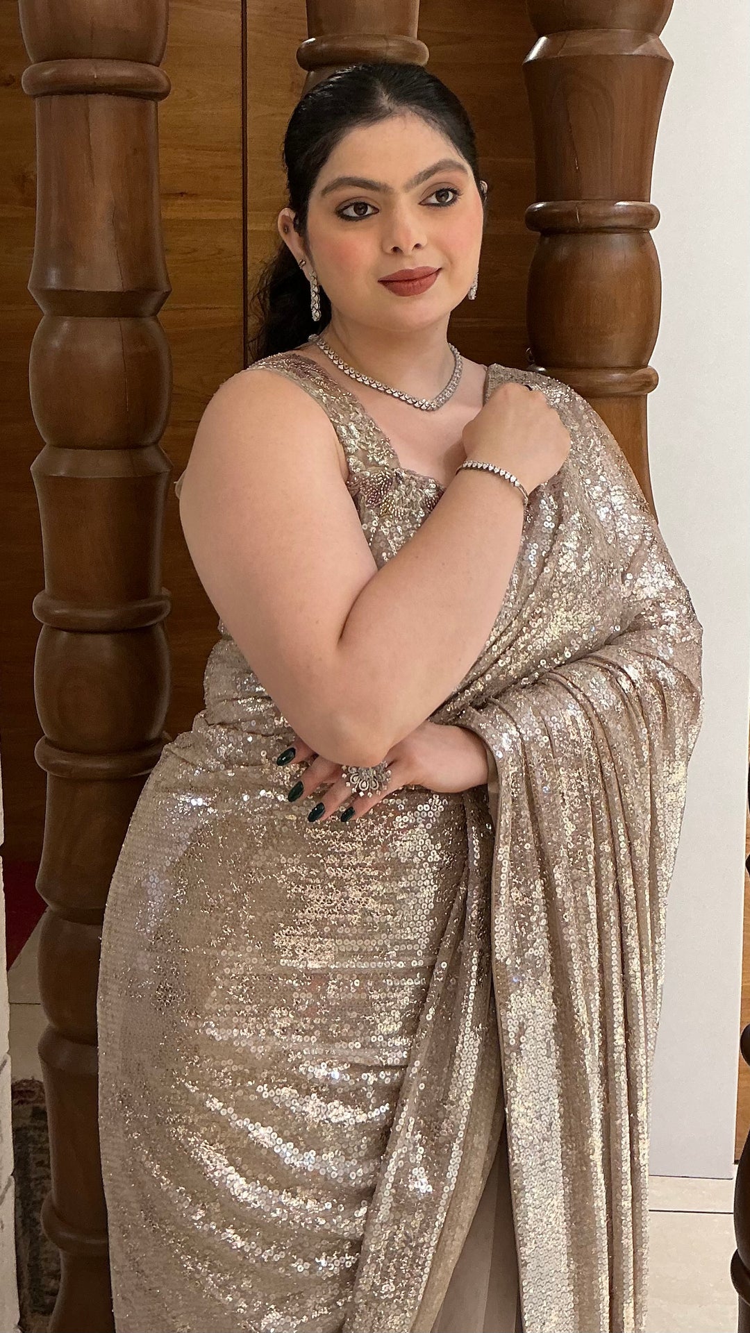 Champagne Beige Designer Sequins Saree with Embellished Mermaid Drape