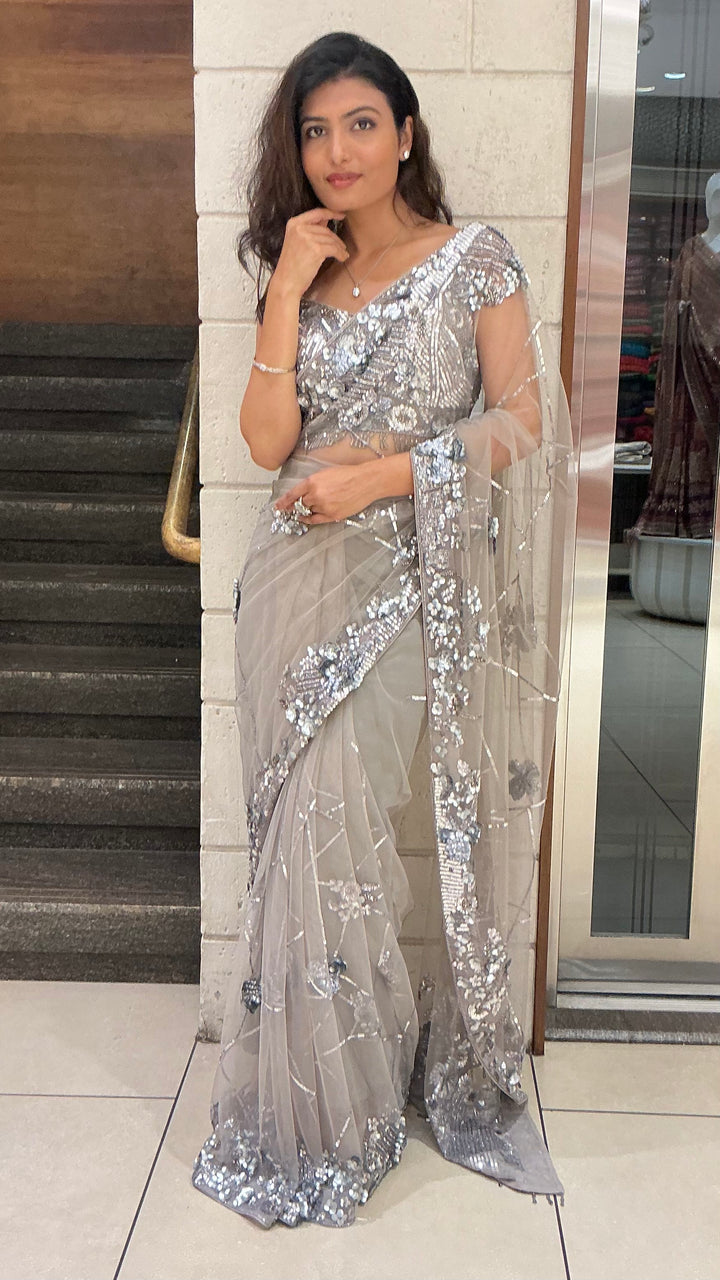 Silver Grey Sequin Embellished Designer Saree with Heavy Blouse