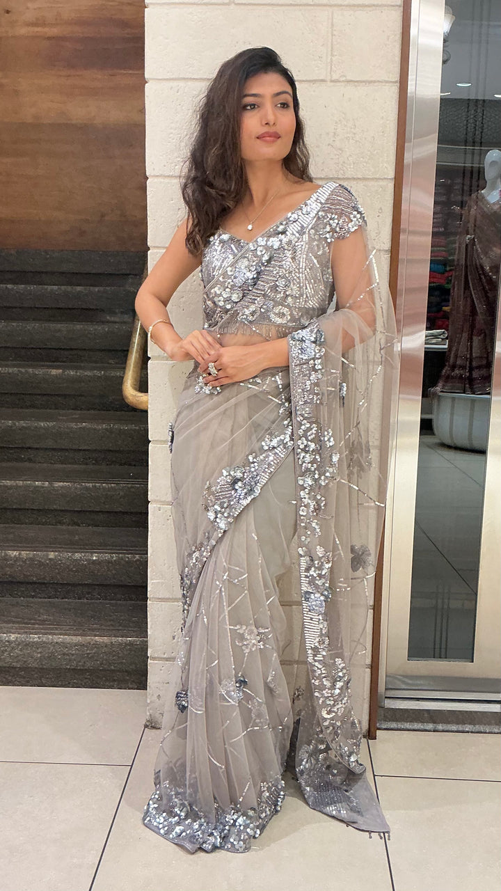Silver Grey Sequin Embellished Designer Saree with Heavy Blouse