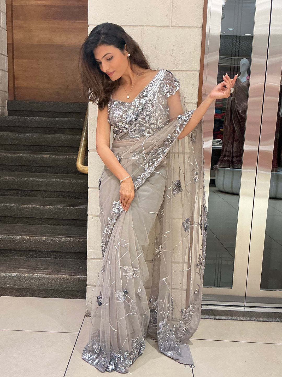 Silver Grey Sequin Embellished Designer Saree with Heavy Blouse