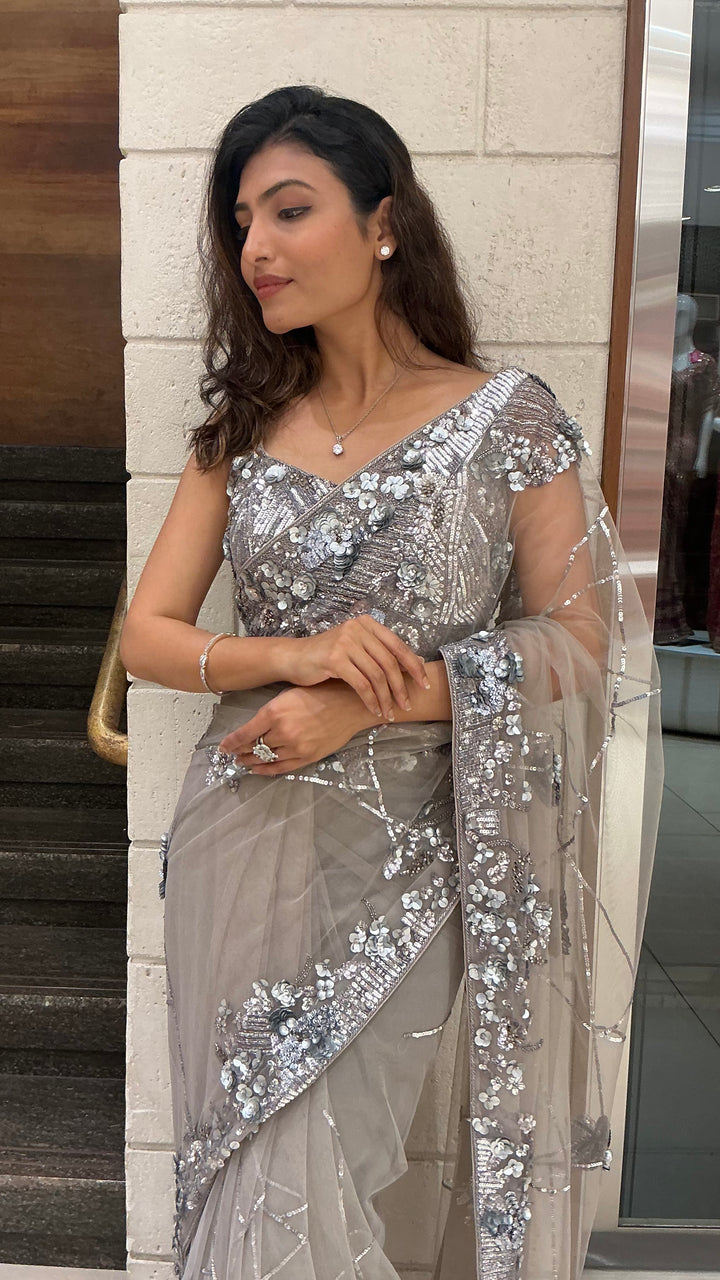 Silver Grey Sequin Embellished Designer Saree with Heavy Blouse