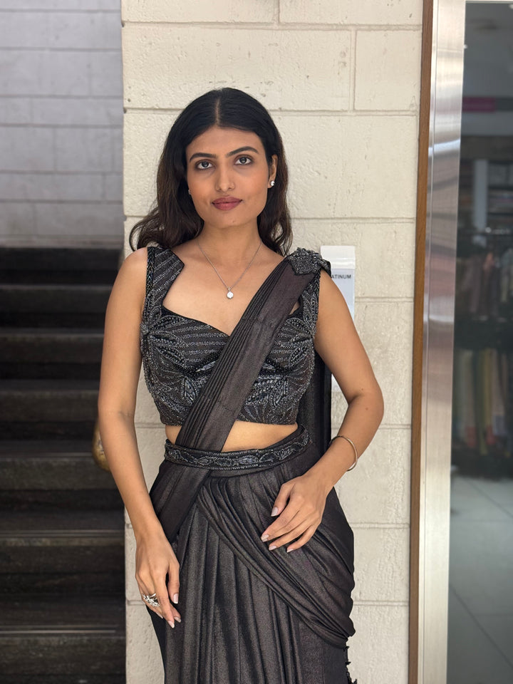 Metallic Charcoal Designer Ready-to-Wear Saree with Embellished Blouse